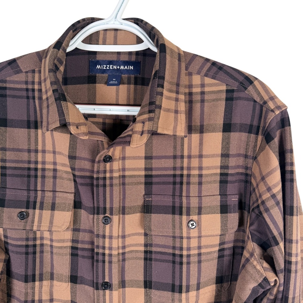 Mizzen+Main Button Up Shirt Mens M Brown Plaid Performance Stretch‎ Long Sleeve